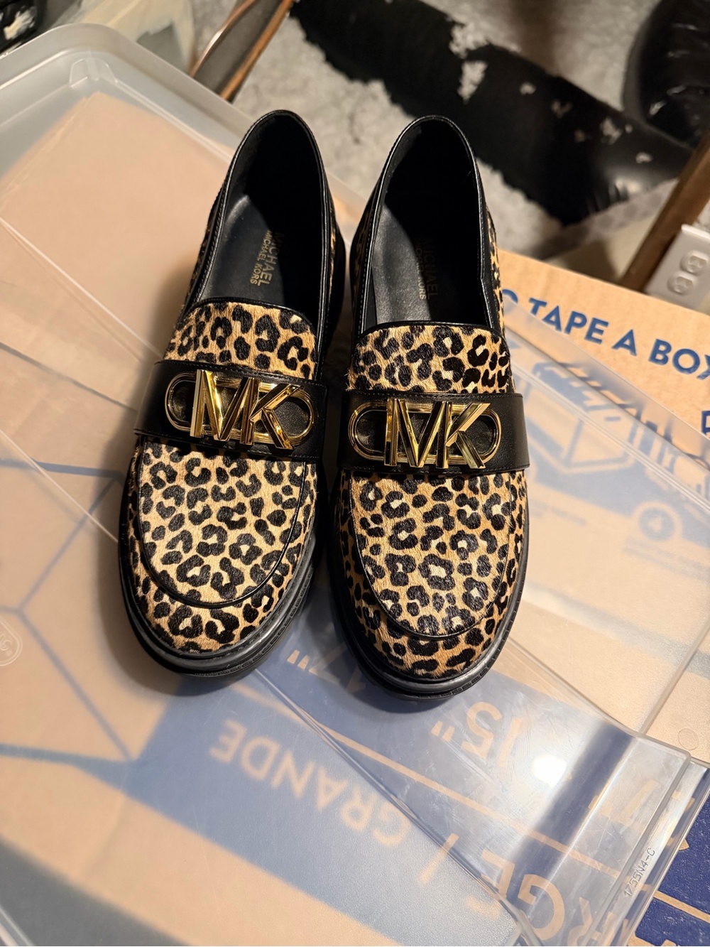 Michael Kors Leopard Print Loafers with Black Trim and Gold MK Hardware